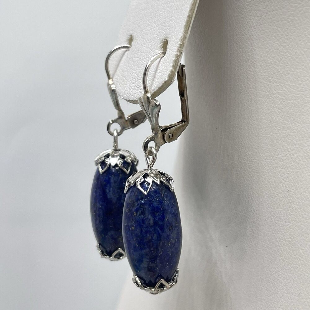 Artisan Lapis Lazuli Beaded Silver Tone Dangle Lever Back Earrings Boho Timeless - Picture 3 of 6